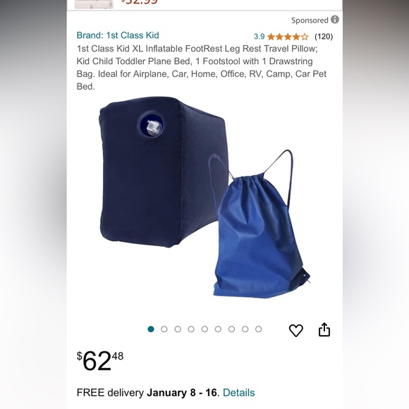 Two 1st Class Kid XL Inflatable FootRest Leg Rest Travel Pillow - Picture 1 of 2